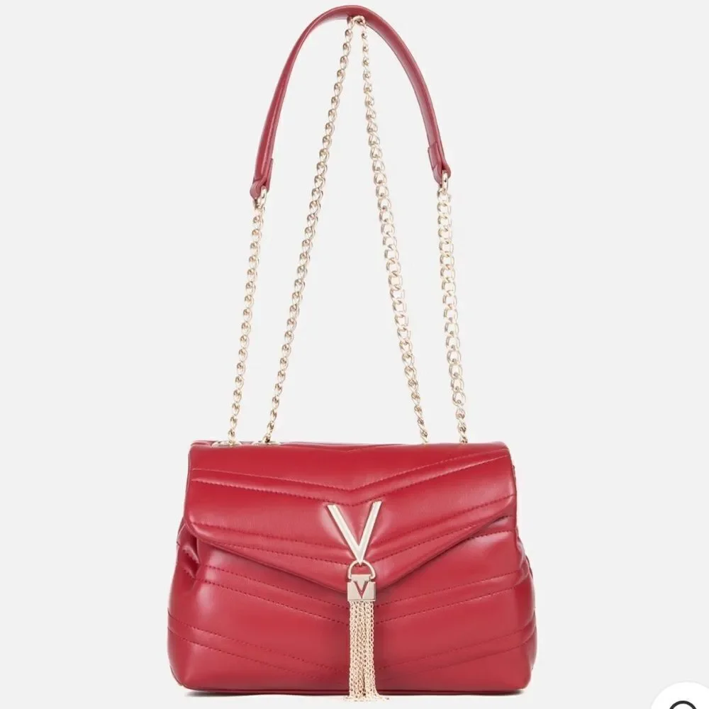 Mario Valentino Cherry Red Gold Tone Privilege Flap Chain Strap Purse